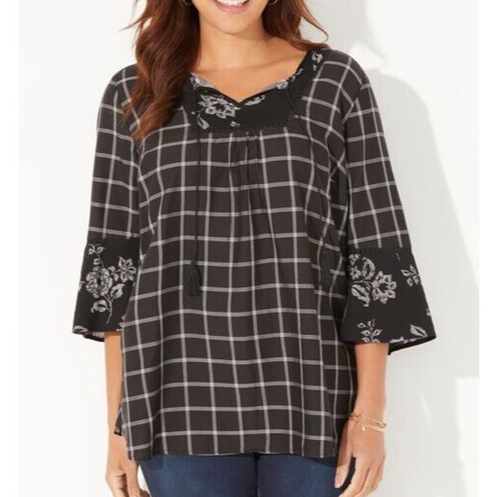 Catherines Womens Georgette Peasant Blouse Plus Size 3X 26/28W Plaid Twin-Print
